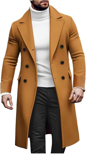 Men's Notched Collar Trench Coat Double Breasted Winter Warm Pea Coats Windbreaker Business Wool Blend Long Jacket