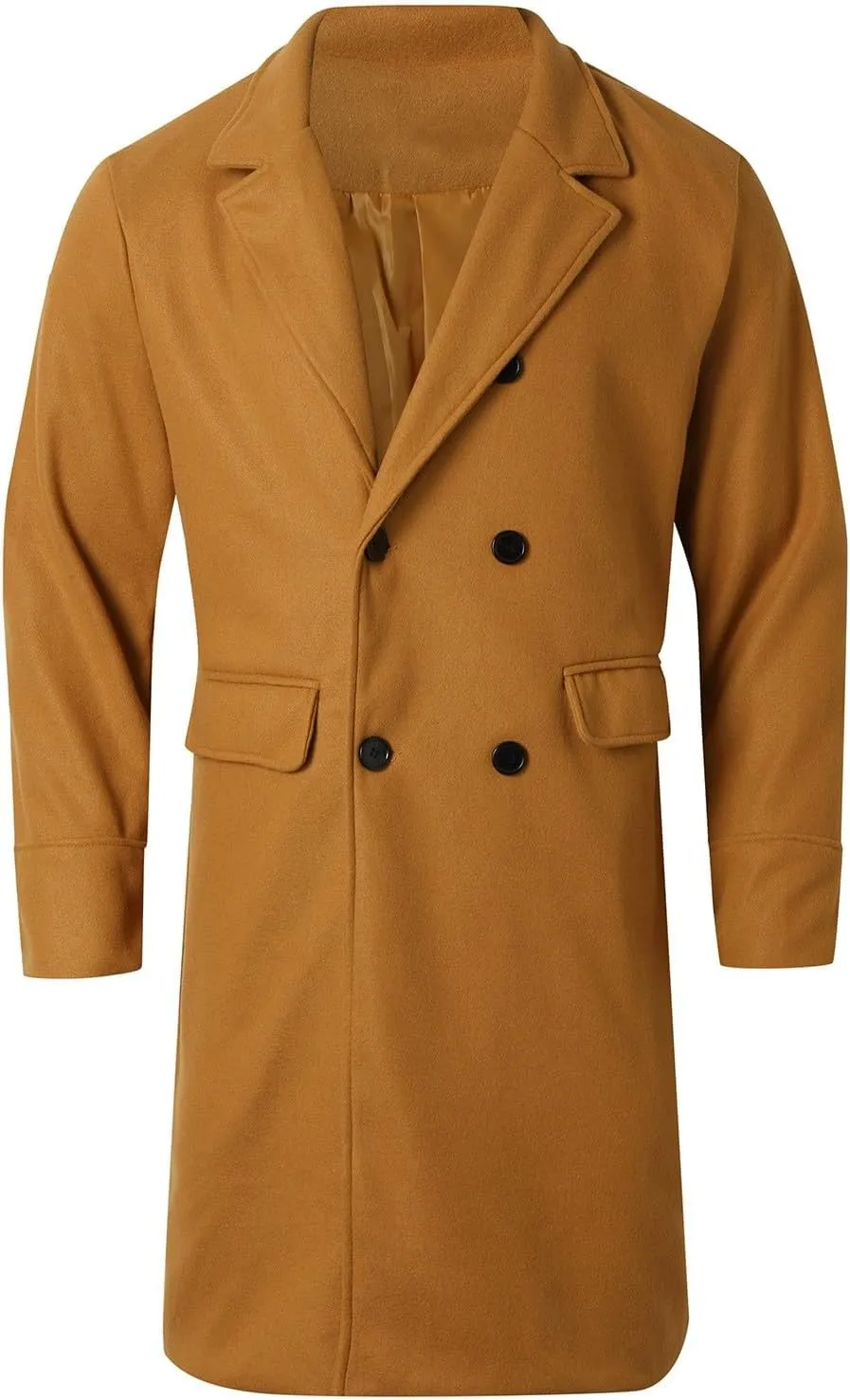 Men's Notched Collar Trench Coat Double Breasted Winter Warm Pea Coats Windbreaker Business Wool Blend Long Jacket