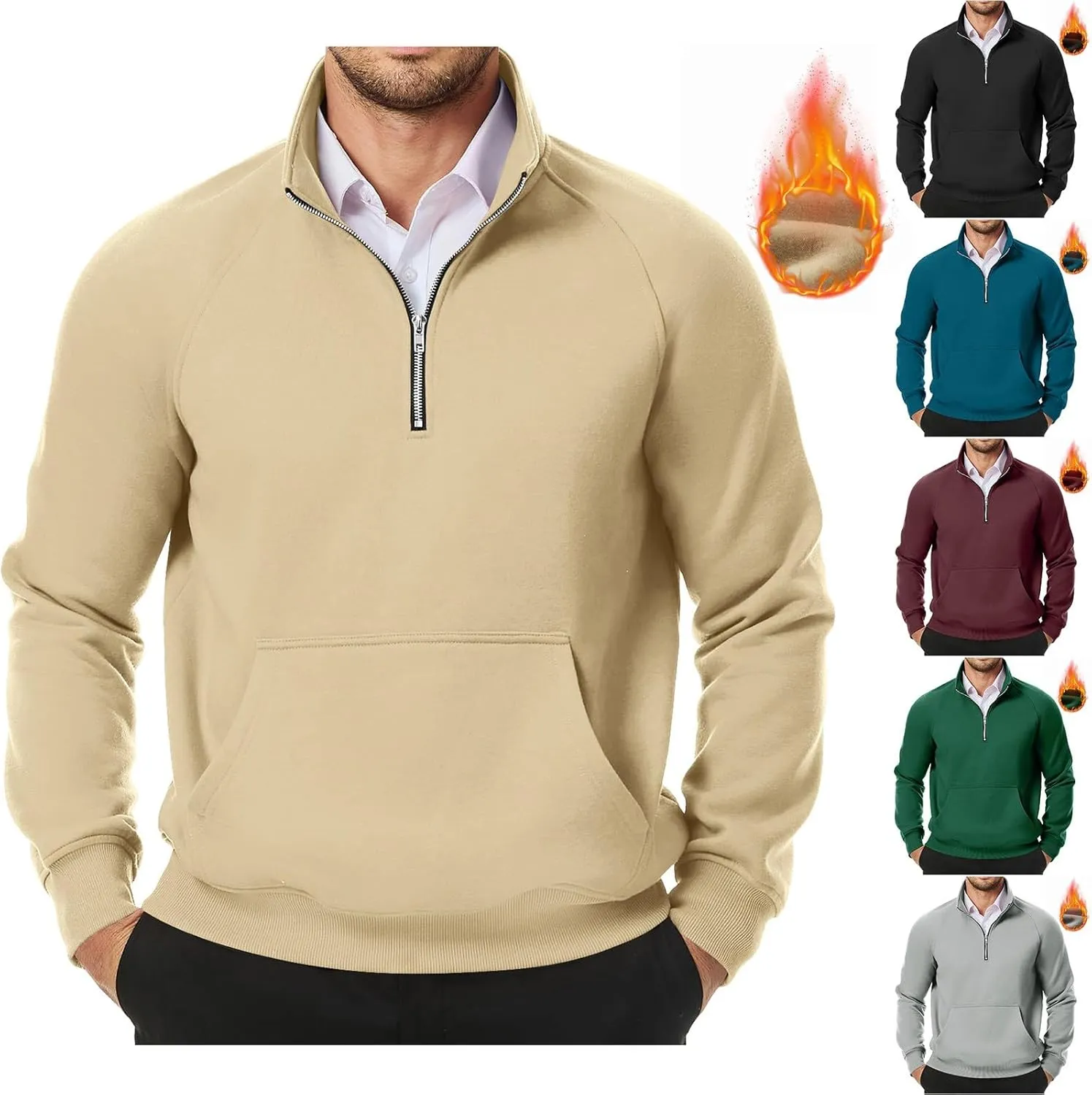 Men's Quarter Zip Pullover Fleece Lined Mock Neck Sweatshirts Oversized Golf Pullovers Warm Winter Outerwear