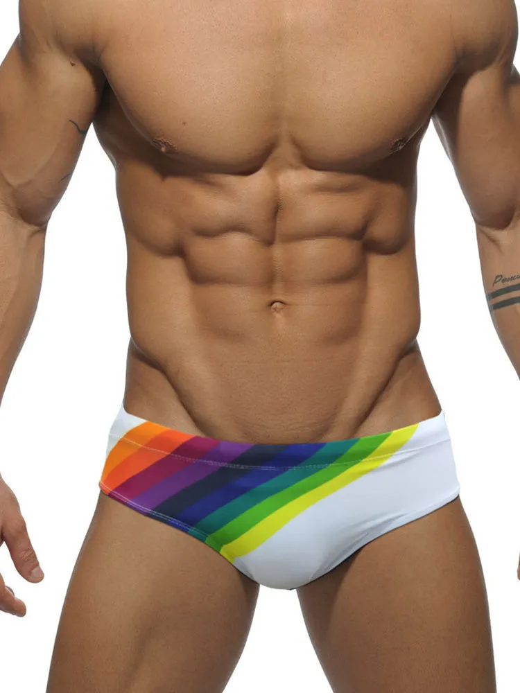 Mens Rainbow Stripes Swim Briefs with Removable Pad