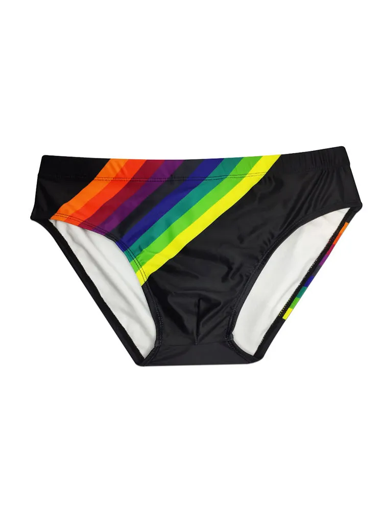 Mens Rainbow Stripes Swim Briefs with Removable Pad