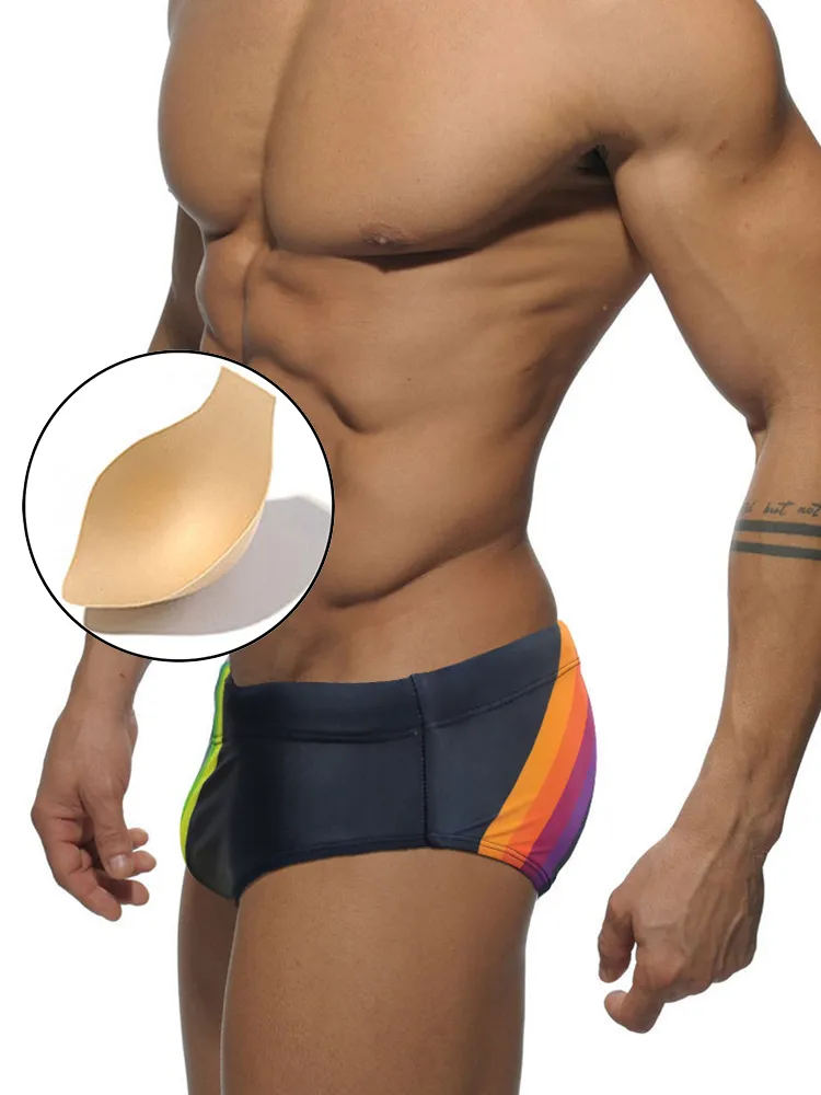 Mens Rainbow Stripes Swim Briefs with Removable Pad