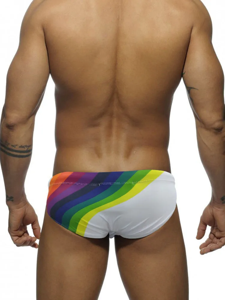 Mens Rainbow Stripes Swim Briefs with Removable Pad