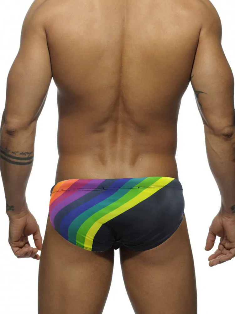 Mens Rainbow Stripes Swim Briefs with Removable Pad