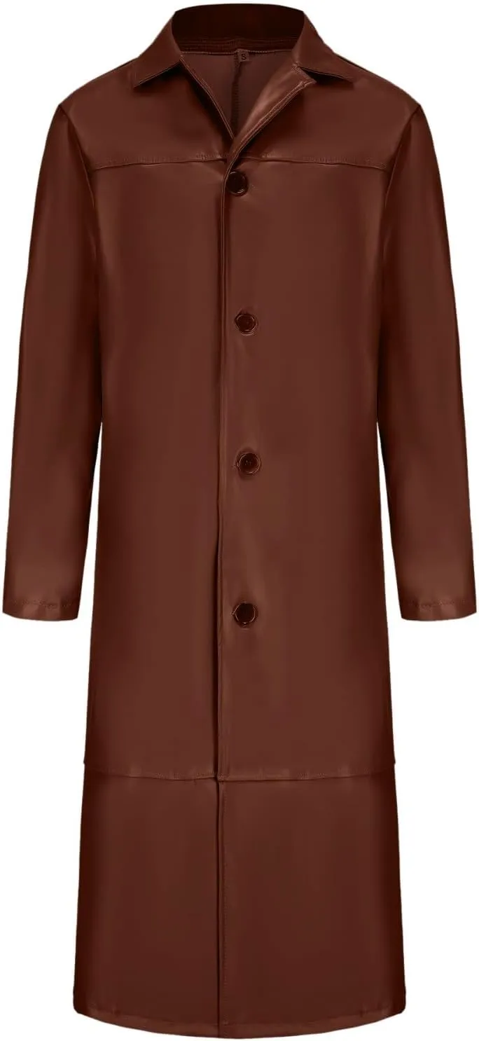 Mens Retro Leather Jacket Long Steampunk Overcoat Long Sleeve Open Front Cardigan Jacket Vintage Trench Coat S-3XL