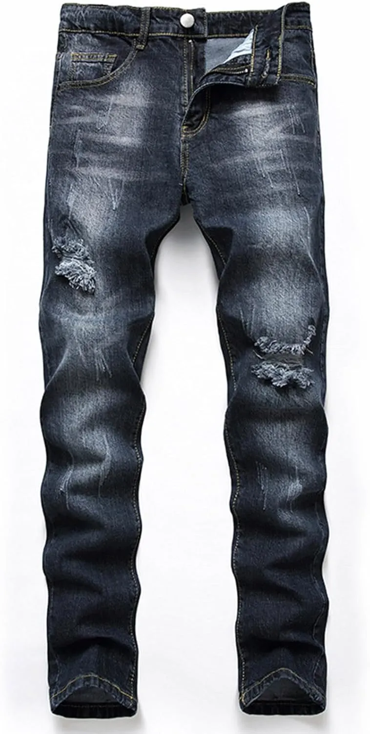 Men's Ripped Slim Fit Jean Pants Solid Straight Leg Skinny Denim Pant Stretch Washed Pencil Trouser with Zipper