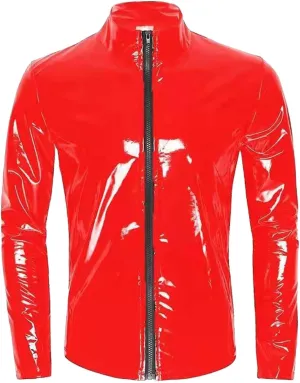 Mens Sexy Underwear Men Sexy Leather Shirt, Glossy PVC Leather Plus Size S-7XL Full Zipper, Shiny Latex Coat for Male