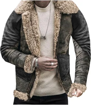Mens Sherpa Lined Leather Jacket Suede Exterior Faux Fur Collar Winter Sheepskin Shearling Coat for Casual