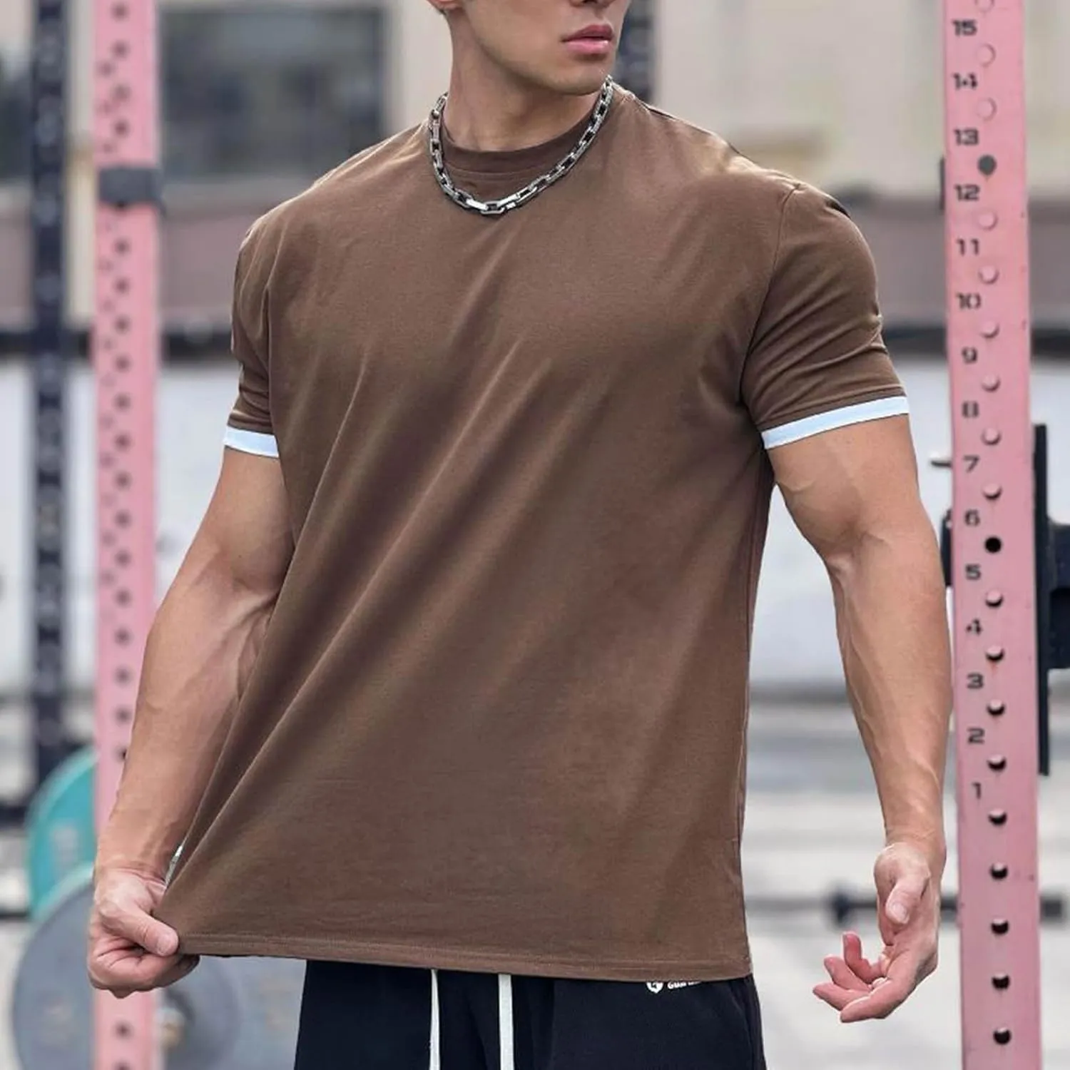 Mens Short Sleeve Workout Shirts Casual Crew-Neck Slim Fit Stretch Cotton Shirt Quick Dry Mens Gym Shirts