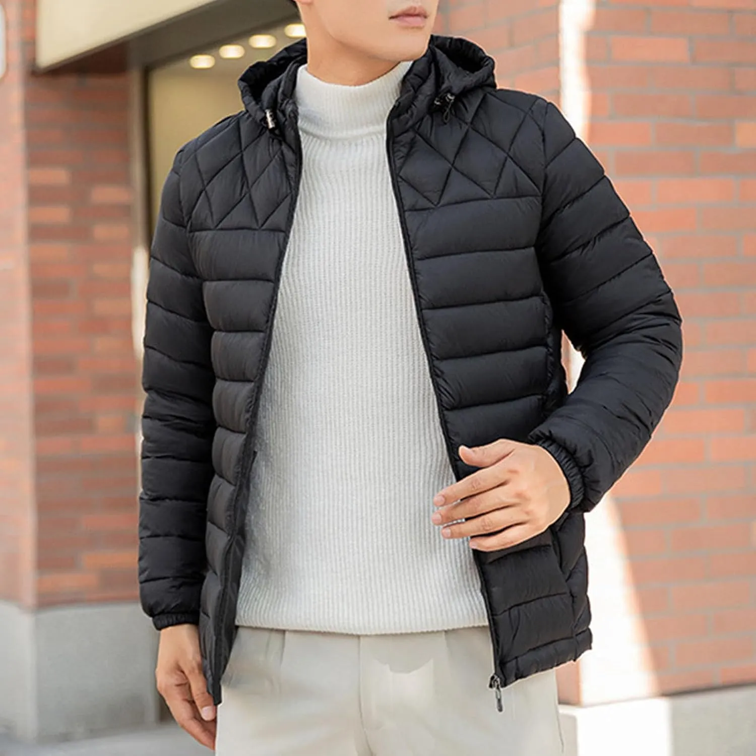 Men's Short Winter Hooded Jackets Male Casual Quilted Zip Lightweight Coat Men Warm Cotton Padded Jacket With Hood