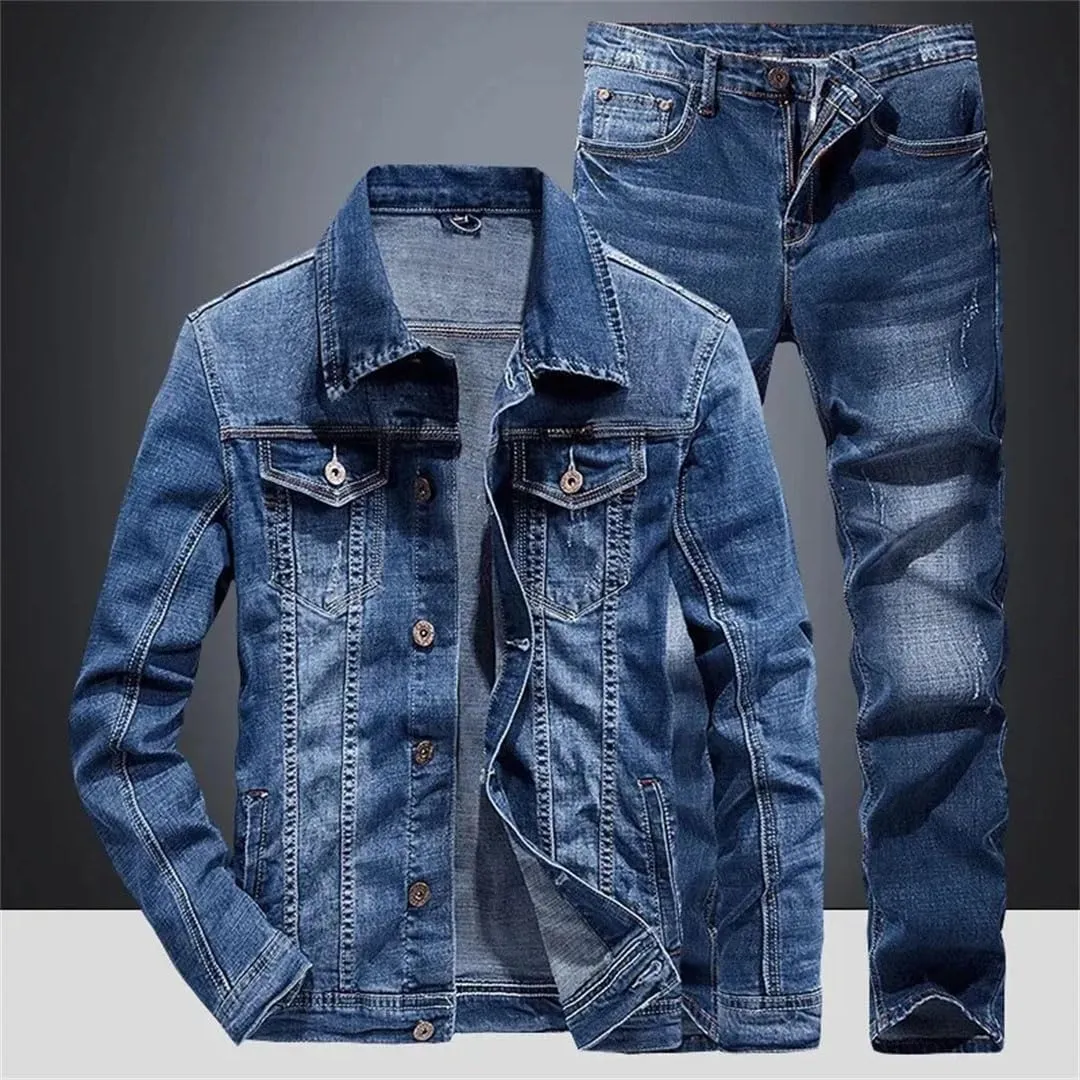 Men's Spring Slim Micro-Stretch Two-Piece Jacket Jeans Denim Suit