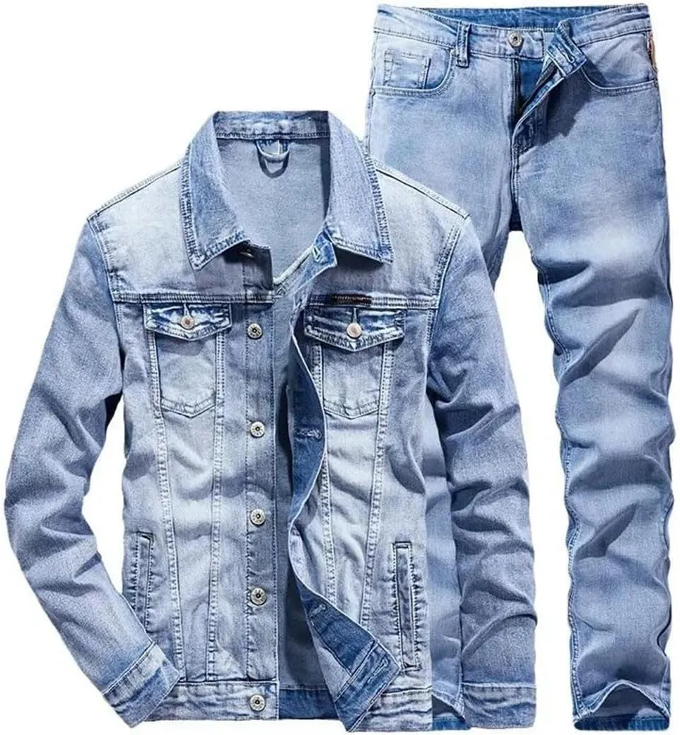 Men's Spring Slim Micro-Stretch Two-Piece Jacket Jeans Denim Suit