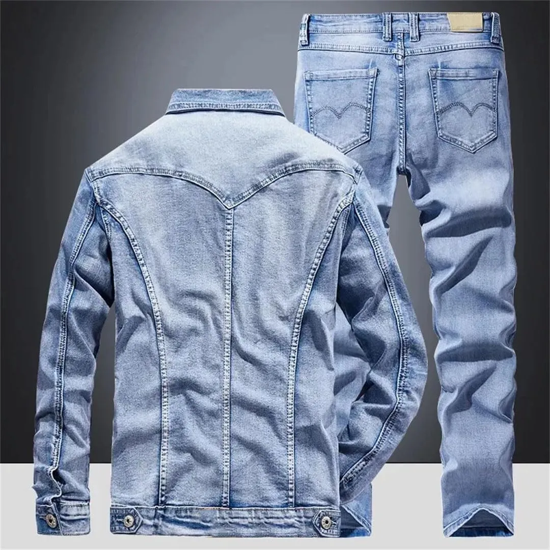 Men's Spring Slim Micro-Stretch Two-Piece Jacket Jeans Denim Suit