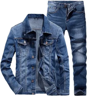 Men's Spring Slim Micro-Stretch Two-Piece Jacket Jeans Denim Suit