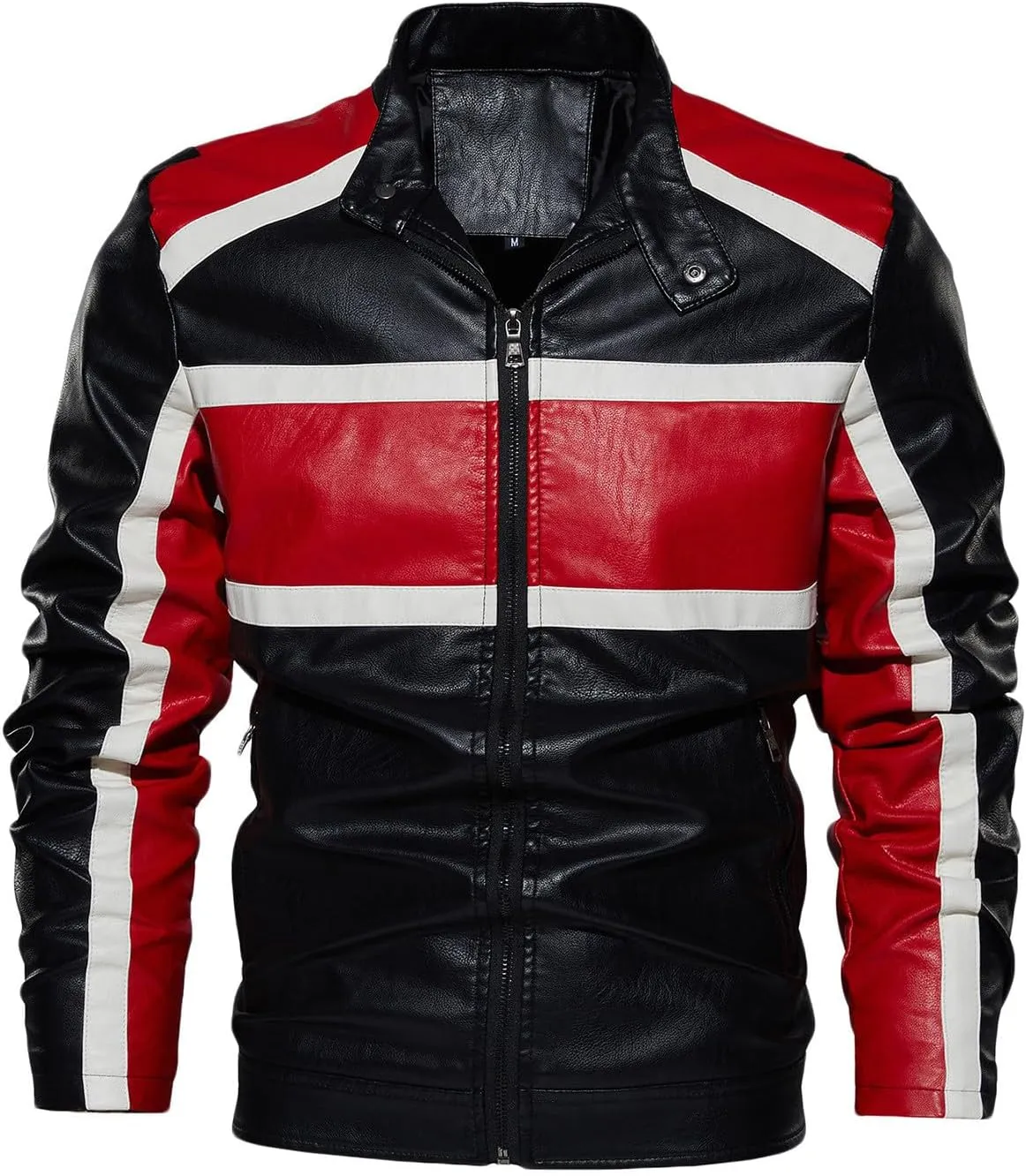 Mens Stand Collar Leather Jacket Motorcycle Lightweight Biker Racing Color Block Faux Leather Bomber Casual Outwear