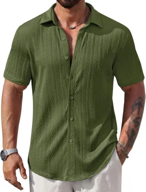 Mens Summer Textured Shirts Short Sleeve Casual Button Down Shirt Beach Vacation Tops (S-XXL)