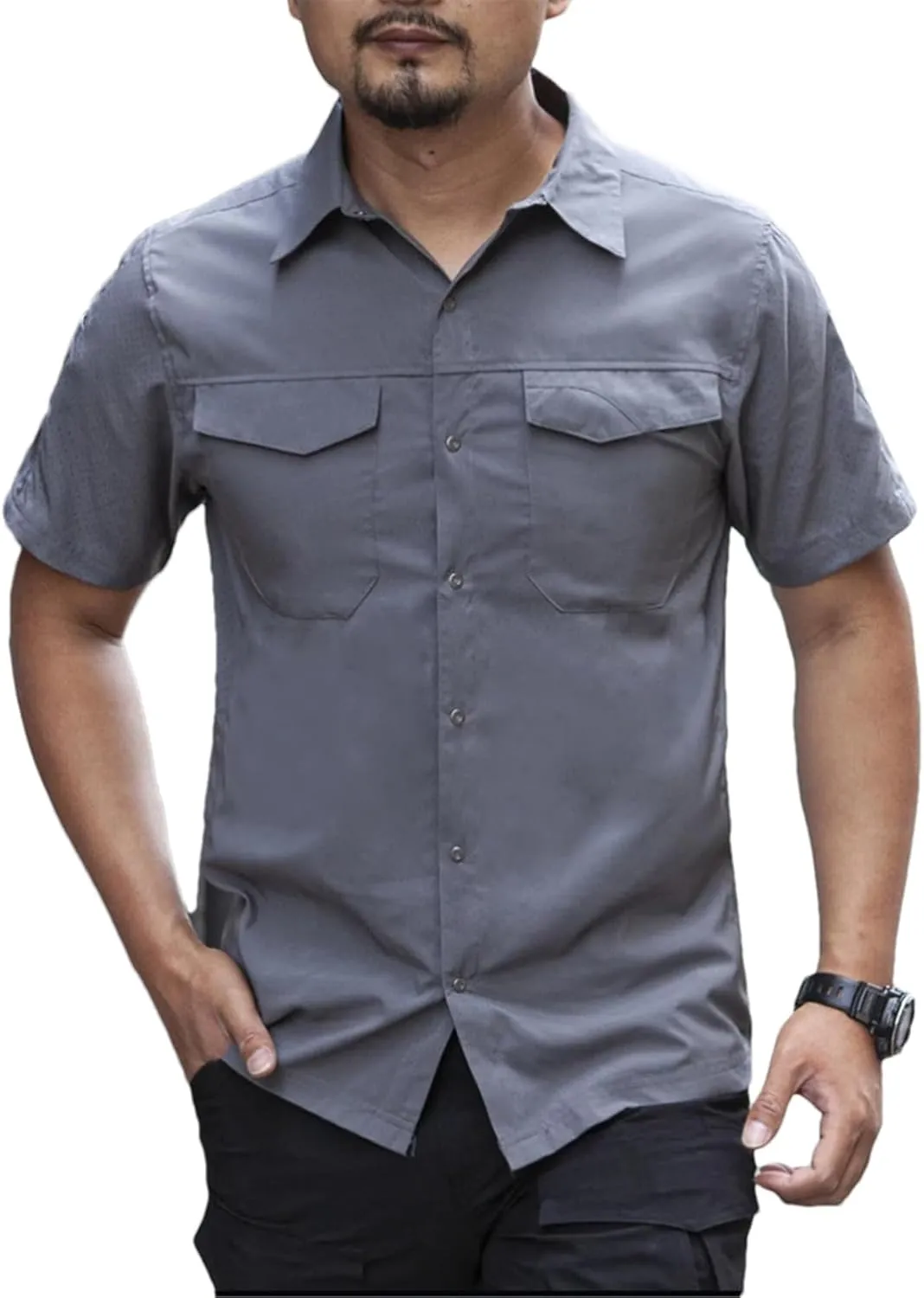 Men's Tactical Cargo Shirt, Quick-Dry Military Summer Workwear Lapel Breathable