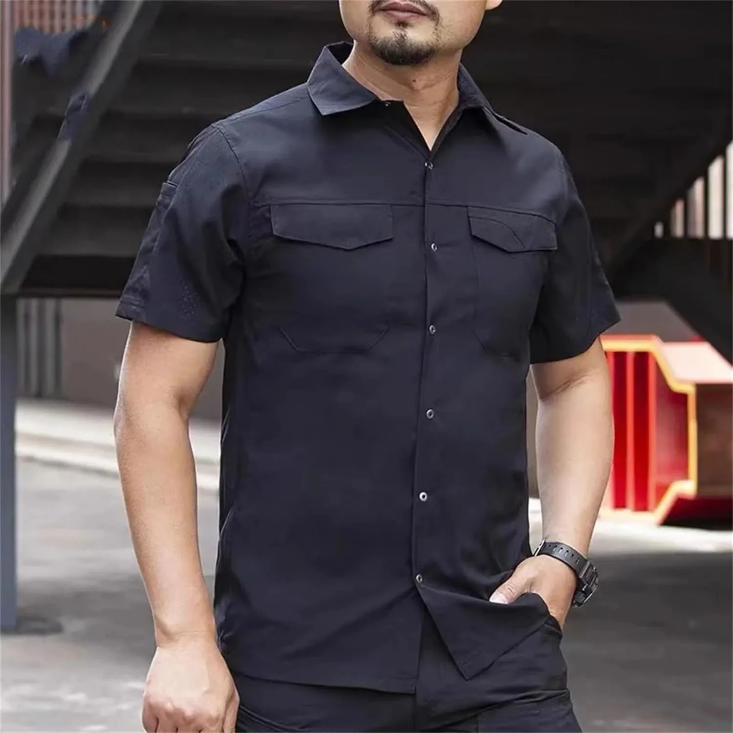 Men's Tactical Cargo Shirt, Quick-Dry Military Summer Workwear Lapel Breathable
