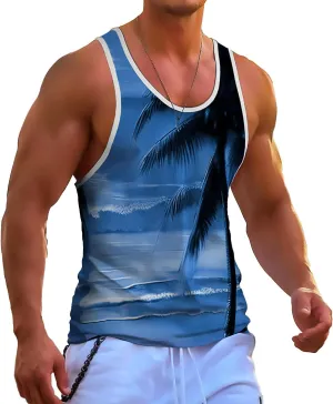 Mens Tank Tops Hawaiian Sleeveless Shirts Graphic Beach Coconut Tree Gym Tank Top