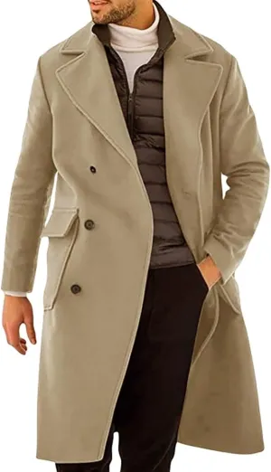 Men's Trench Coat Fashion Easy Notch Lapel Business Casual Fleece Jacket Solid Long Pea Coat Windbreaker Overcoat
