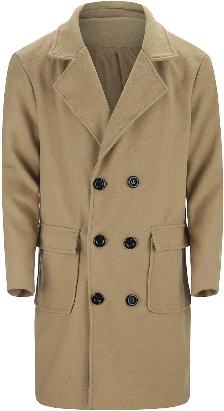 Men's Trench Coat Fashion Easy Notch Lapel Business Casual Fleece Jacket Solid Long Pea Coat Windbreaker Overcoat
