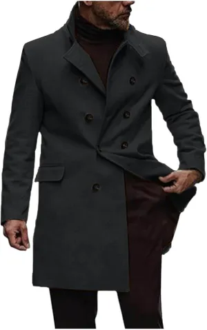 Mens Trench Coat Notch Lapel Double Breasted Casual Pea Coat Winter Warm Coat Long Business Overcoat Windbreaker