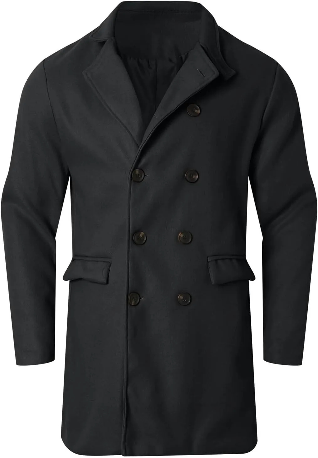 Mens Trench Coat Notch Lapel Double Breasted Casual Pea Coat Winter Warm Coat Long Business Overcoat Windbreaker