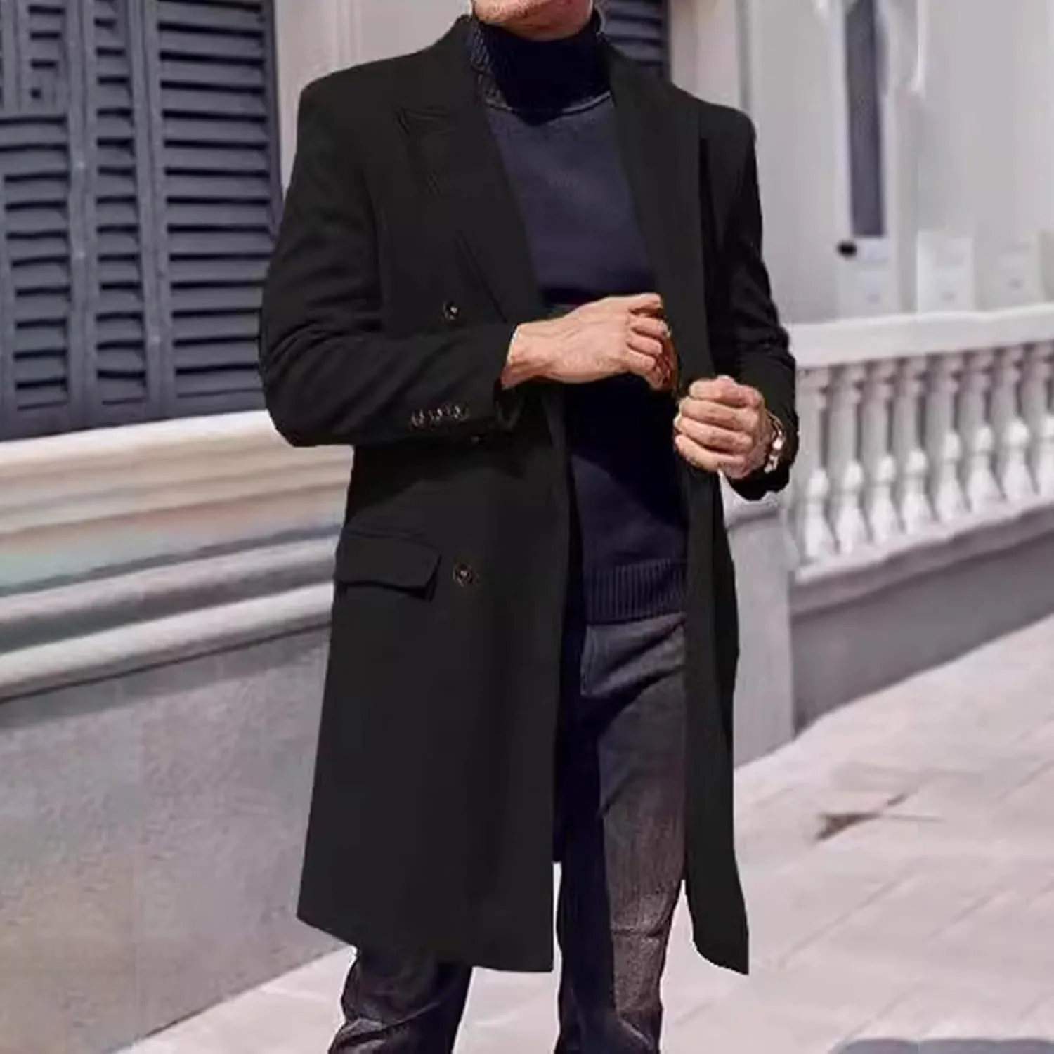 Mens Trench Coat Notched Lapel Double Breasted Casual Pea Coat Winter Warm Coat Long Business Overcoat Windbreaker