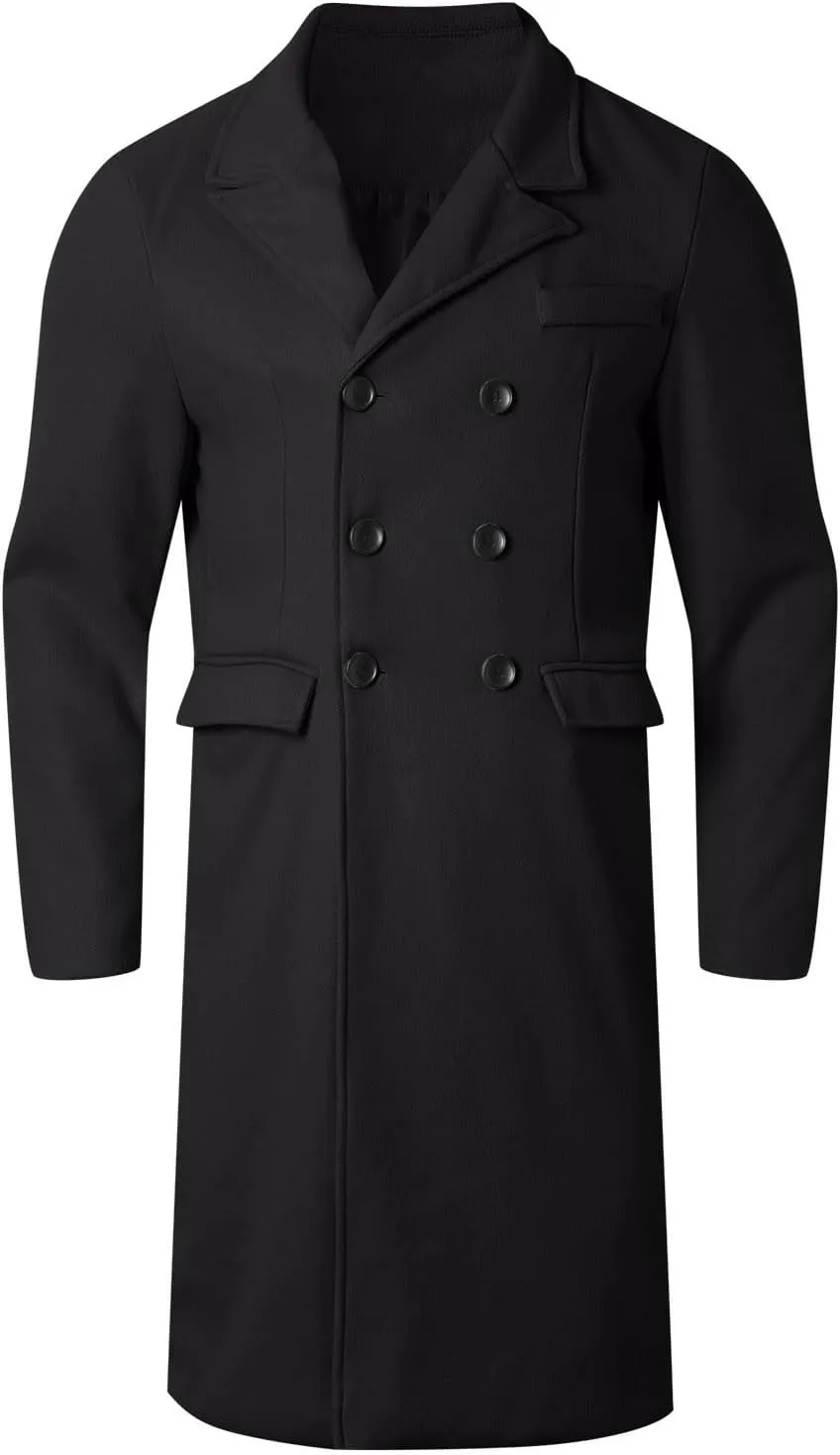 Mens Trench Coat Notched Lapel Double Breasted Casual Pea Coat Winter Warm Coat Long Business Overcoat Windbreaker
