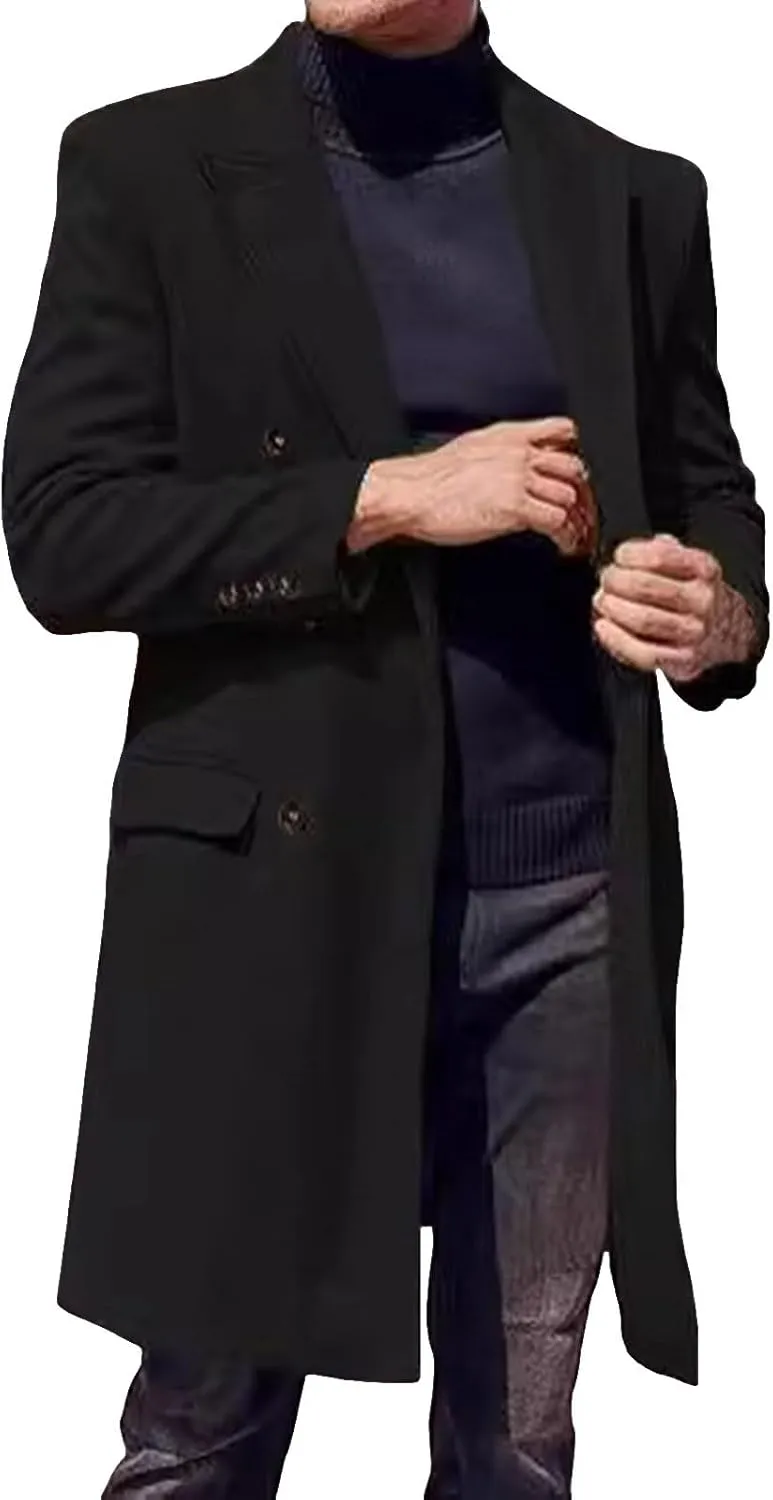 Mens Trench Coat Notched Lapel Double Breasted Casual Pea Coat Winter Warm Coat Long Business Overcoat Windbreaker