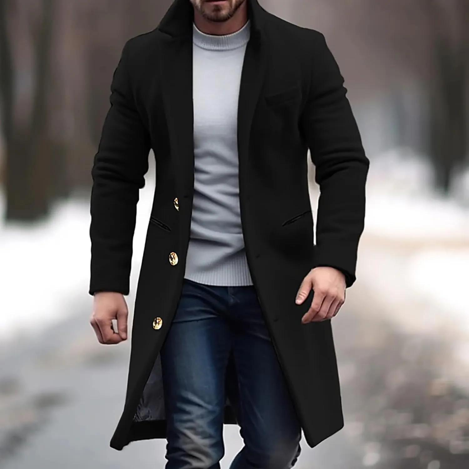 Men's Trench Coat Slim Fit Notch Lapel Single Breasted Windbreaker Warm Winter Overcoat Cotton Business Long Jacket