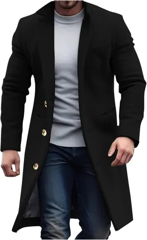 Men's Trench Coat Slim Fit Notch Lapel Single Breasted Windbreaker Warm Winter Overcoat Cotton Business Long Jacket