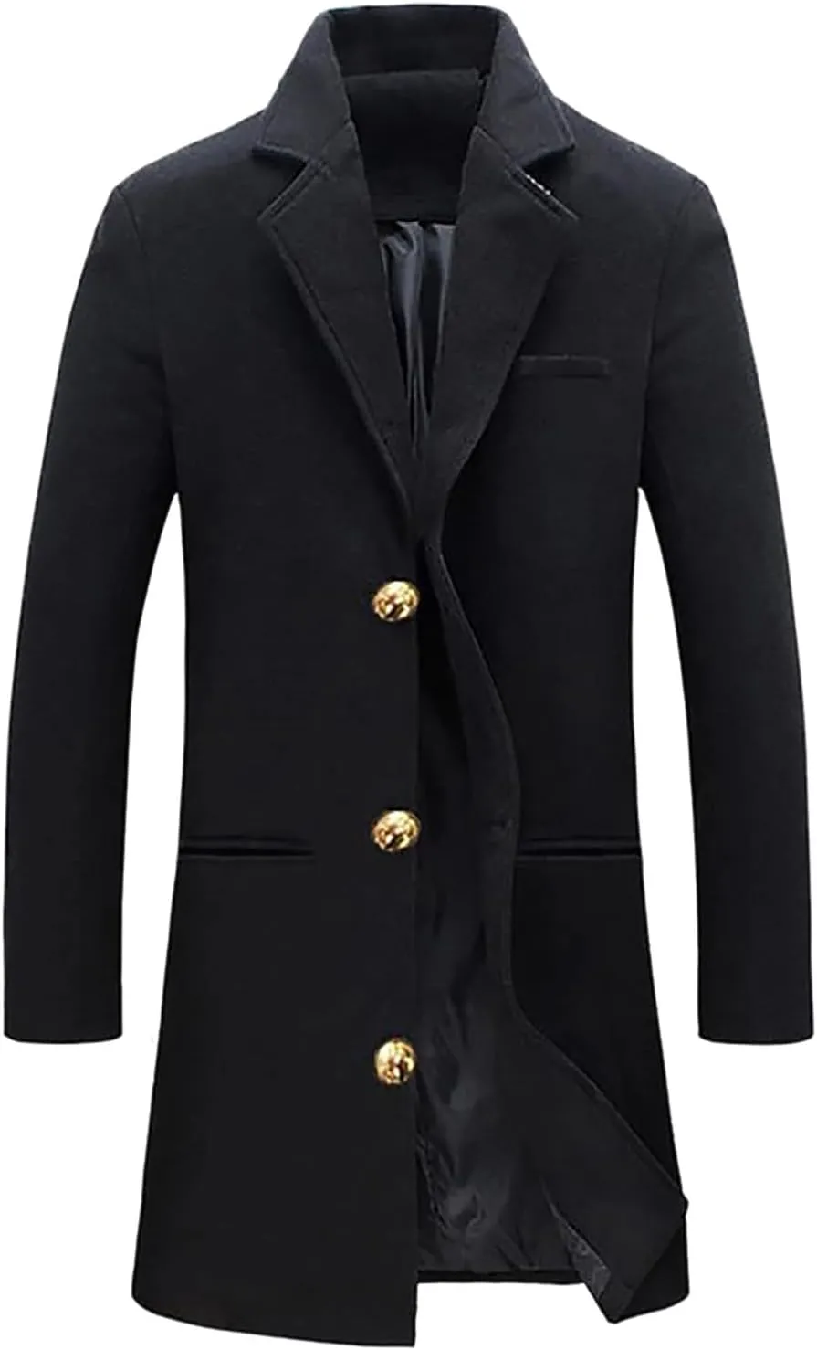 Men's Trench Coat Slim Fit Notch Lapel Single Breasted Windbreaker Warm Winter Overcoat Cotton Business Long Jacket