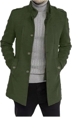 Mens Trench Coat Stand Lapel Double Breasted Business Casual Pea Coat Winter Warm Coat Mid Long Overcoat Windbreaker
