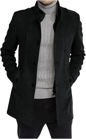 Mens Trench Coat Stand Lapel Double Breasted Business Casual Pea Coat Winter Warm Coat Mid Long Overcoat Windbreaker