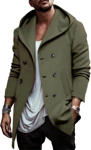Mens Trench Coat with Hooded Slim Fit Mid Long Jackets Warm Winter Trench Coat Double Breasted Overcoat Windbreaker
