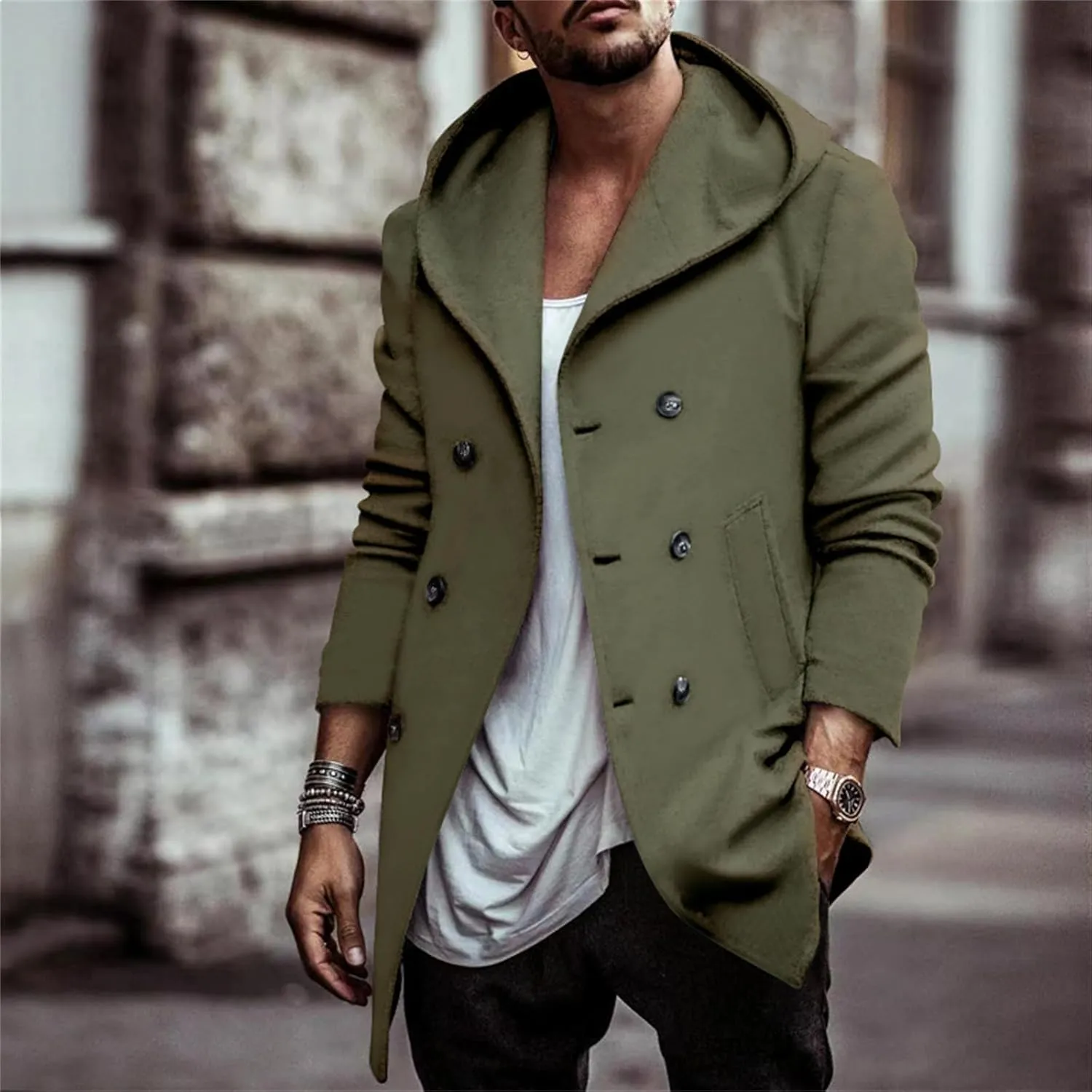 Mens Trench Coat with Hooded Slim Fit Mid Long Jackets Warm Winter Trench Coat Double Breasted Overcoat Windbreaker