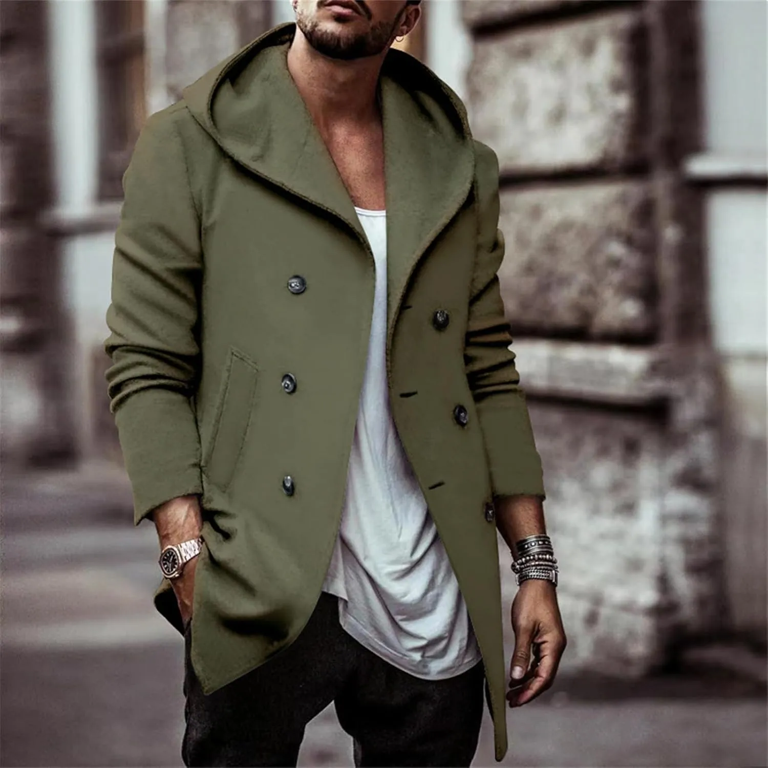 Mens Trench Coat with Hooded Slim Fit Mid Long Jackets Warm Winter Trench Coat Double Breasted Overcoat Windbreaker