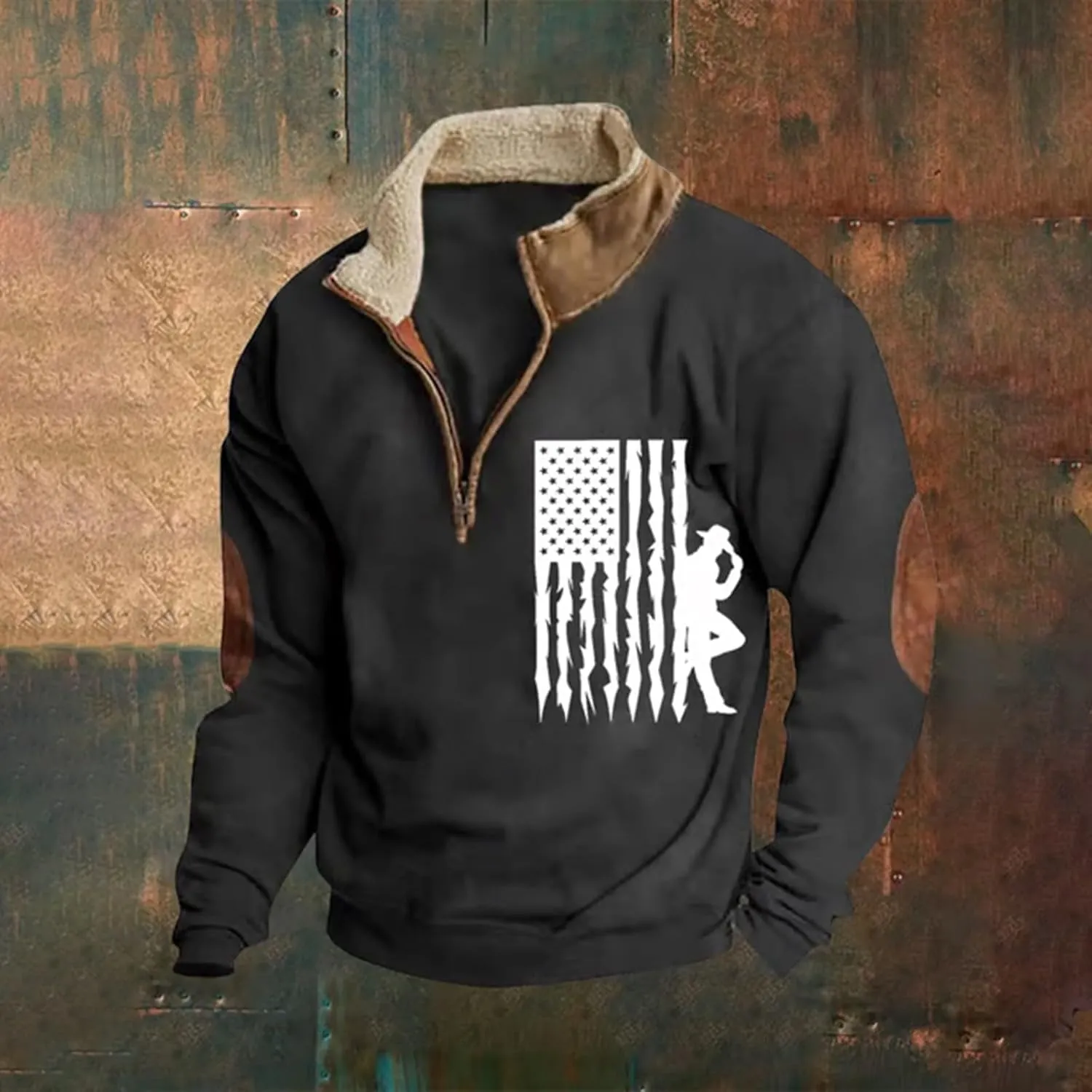 Men's Vintage American Flag Graphic Sweatshirt Quarter Zip Pullover Mock Neck Long Sleeve Patriotic Shirts for Men