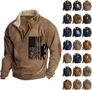 Men's Vintage American Flag Graphic Sweatshirt Quarter Zip Pullover Mock Neck Long Sleeve Patriotic Shirts for Men
