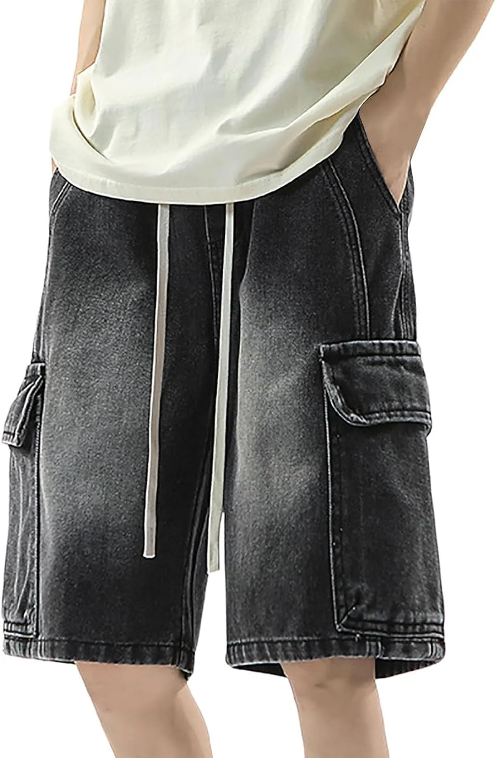Mens Wide Leg Hip Hop Cropped Jean Shorts Baggy Denim Shorts with Pockets Aesthetic Pants Streetwear Clothes