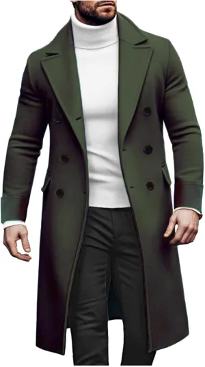 Mens Wool Blend Coat Winter Trench Coats Notched Lapel Warm Double Breasted Overcoat Classic Peacoat with Pockets