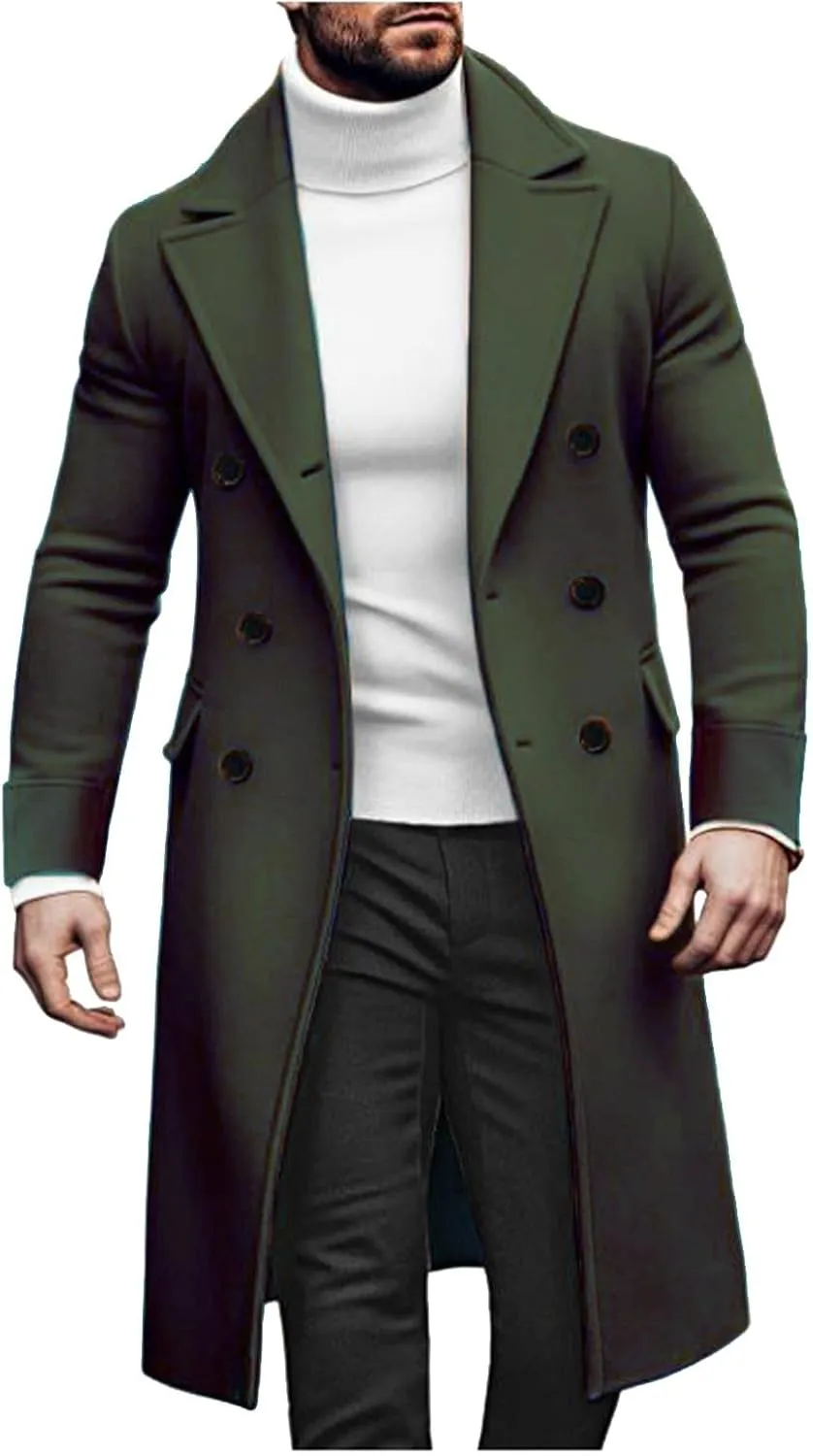 Mens Wool Blend Coat Winter Trench Coats Notched Lapel Warm Double Breasted Overcoat Classic Peacoat with Pockets