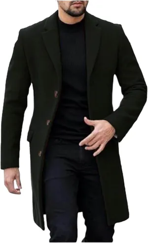 Men's Wool Blend Pea Coat Notched Collar Single Breasted Long Overcoat Warm Winter Trench Coat Business Windbreaker