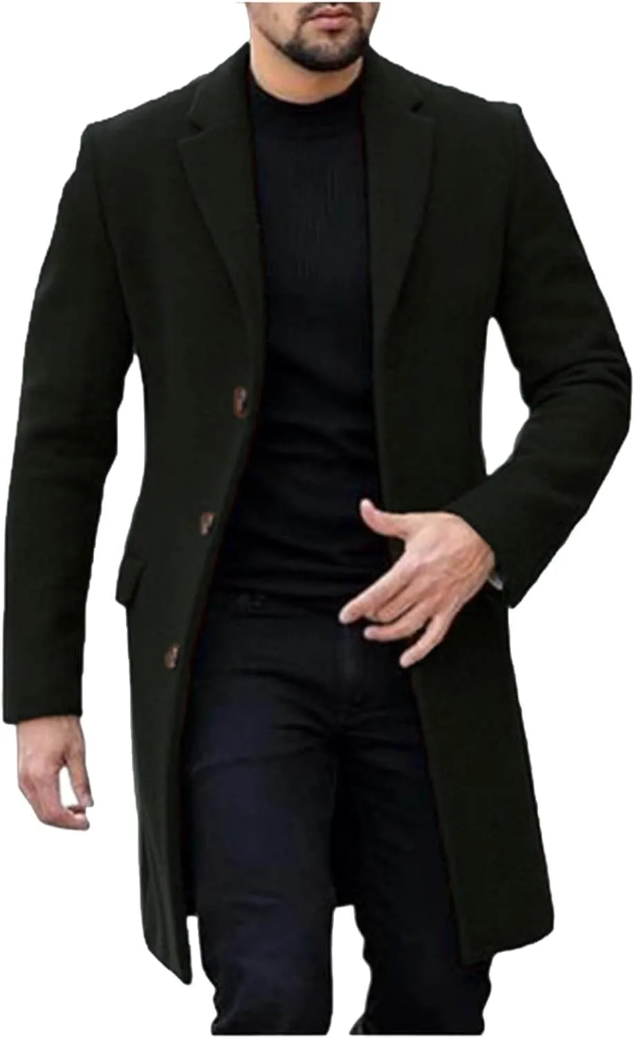 Men's Wool Blend Pea Coat Notched Collar Single Breasted Long Overcoat Warm Winter Trench Coat Business Windbreaker