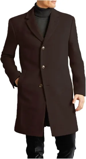 Men's Wool Blend Pea Coat Notched Collar Single Breasted Mid Long Windbreaker Overcoat Warm Winter Trench Coat M-2XL