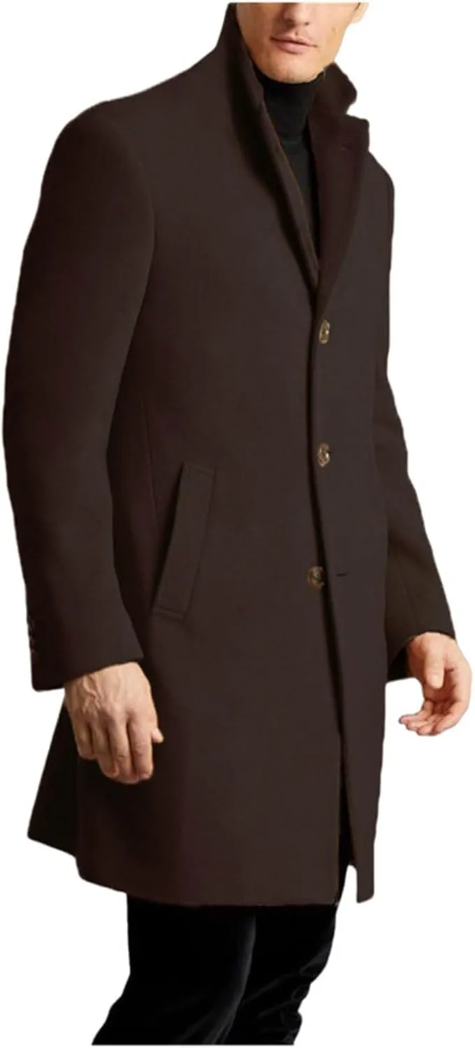 Men's Wool Blend Pea Coat Notched Collar Single Breasted Mid Long Windbreaker Overcoat Warm Winter Trench Coat M-2XL