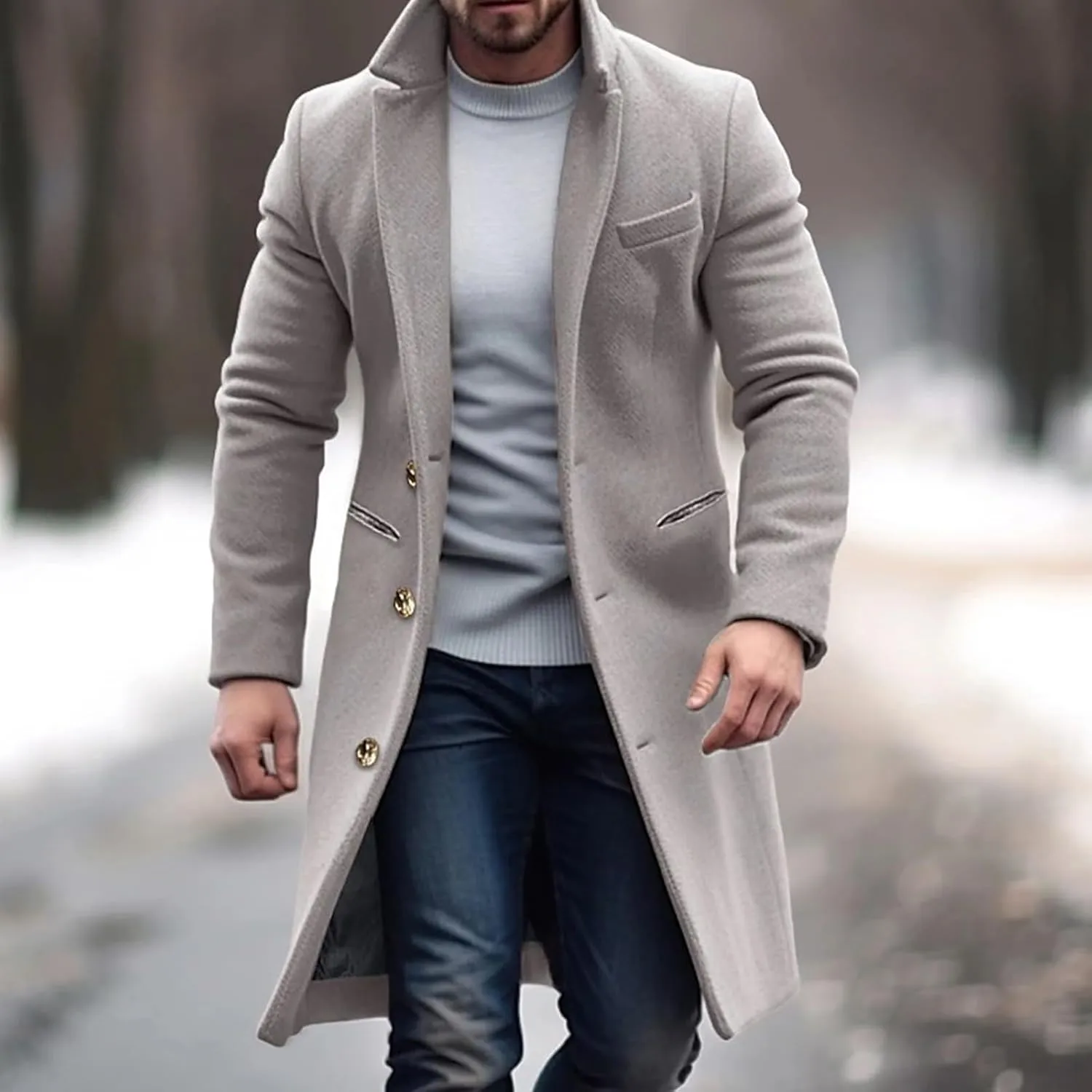 Men's Wool Blend Pea Coat Notched Collar Single Breasted Overcoat Warm Winter Trench Coat Mid Long Windbreaker