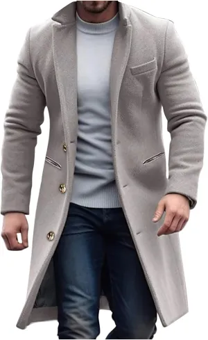 Men's Wool Blend Pea Coat Notched Collar Single Breasted Overcoat Warm Winter Trench Coat Mid Long Windbreaker