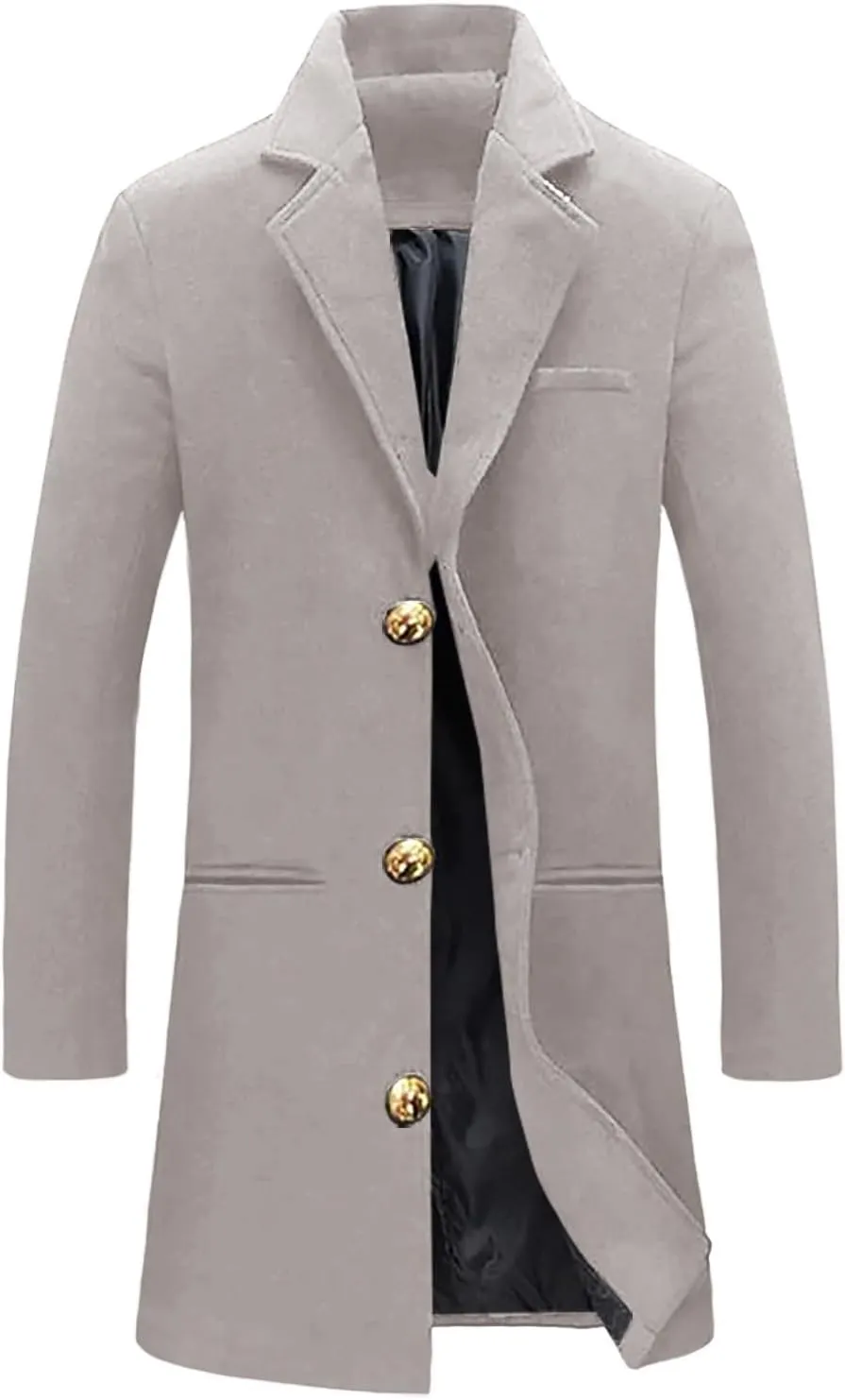 Men's Wool Blend Pea Coat Notched Collar Single Breasted Overcoat Warm Winter Trench Coat Mid Long Windbreaker